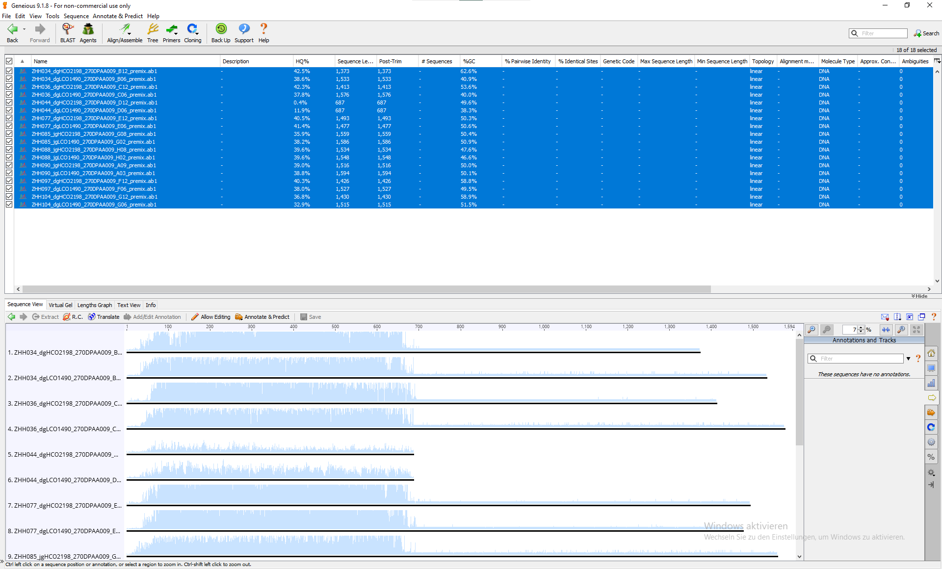 Geneious window, upper part shows the files in the project folder, lower part shows the content of the file. Here they are all trace files, therefore reads with quality measures