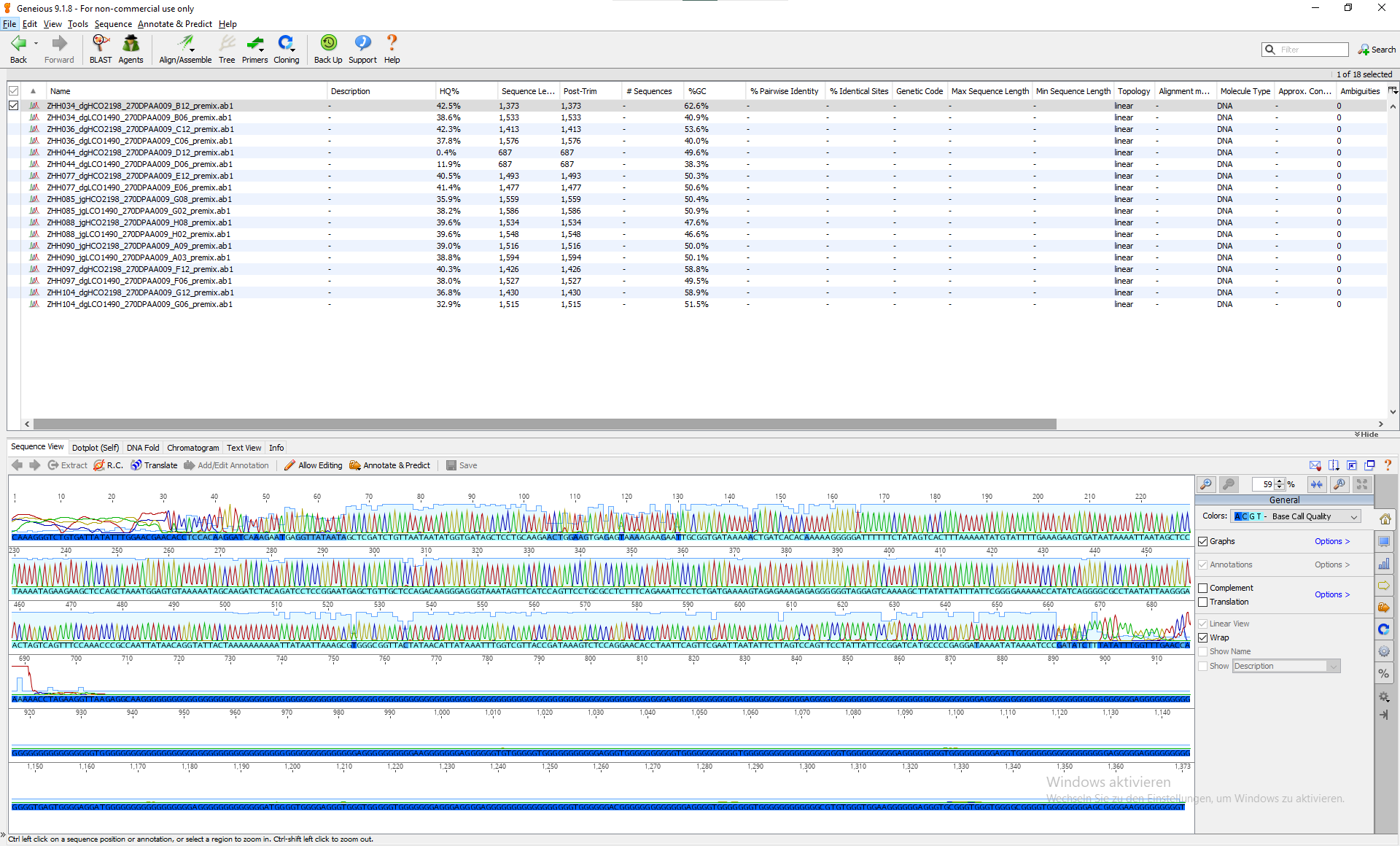 A very standard sanger sequencing chromatogram. Every color corresponds to one type of base. A successful read starts with ~50 bp bad quality bases due to dye blobs, then a large region of good, clean, non-ambiguous bases, until it reaches maximal sequencing length (from 500 to 1000 bp for Sanger sequencing), or the end of target fragments