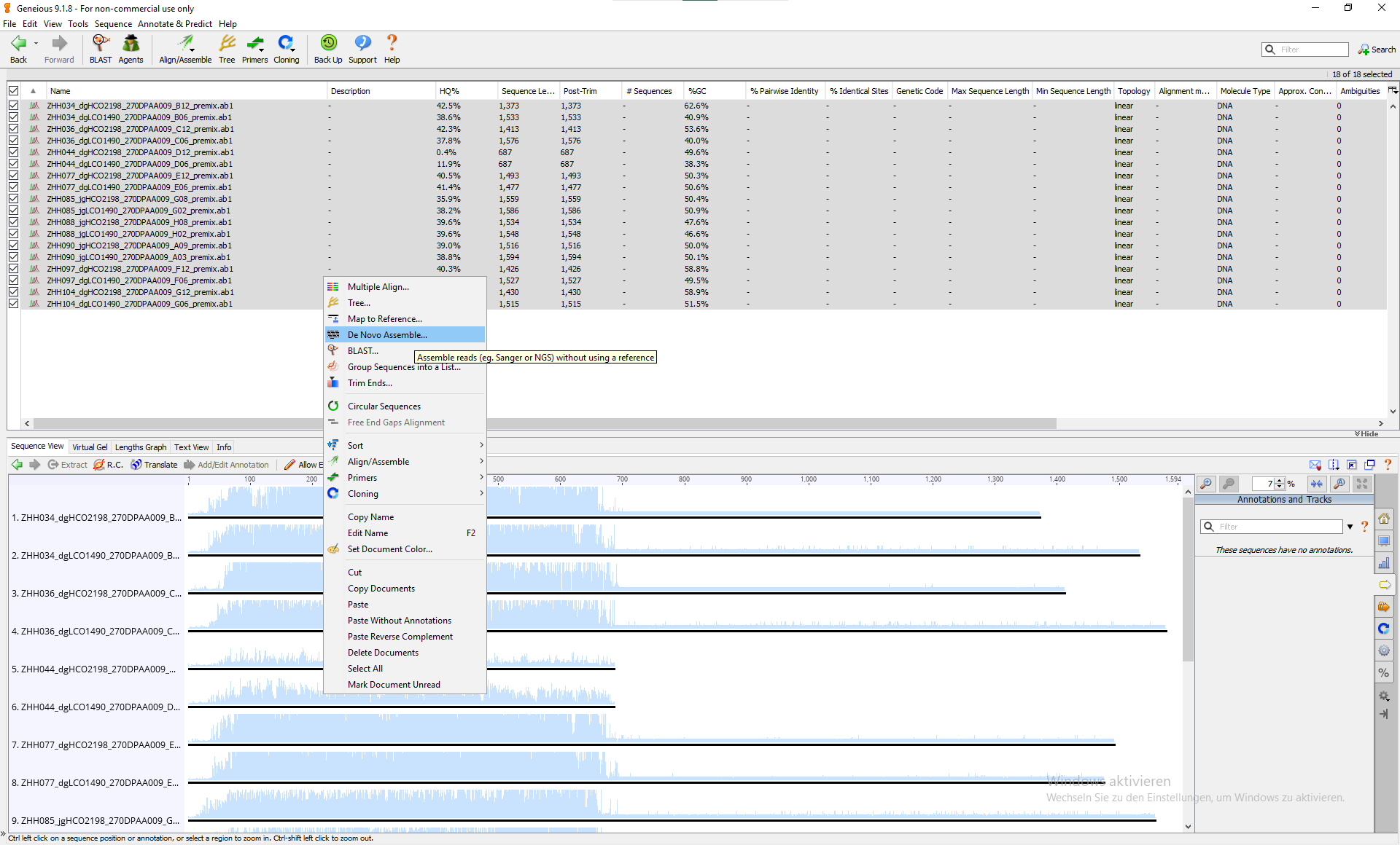 To de novo assemble, right-click > De Novo Assemble..