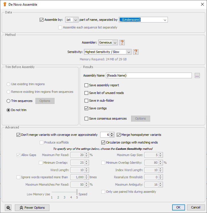 De Novo assemble menu. Use setting sunder “Data” section to tell Geneious how to recognize the sample name. The recognized sample name can be called in “Results” secion for assembly name by referring to as {Reads Name}