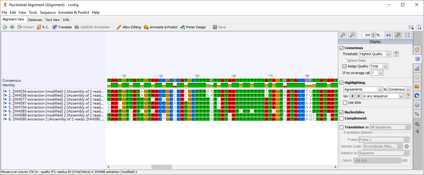 Enlarged view of the alignment. Options on the right sidebar can change how the alignment is highlighted