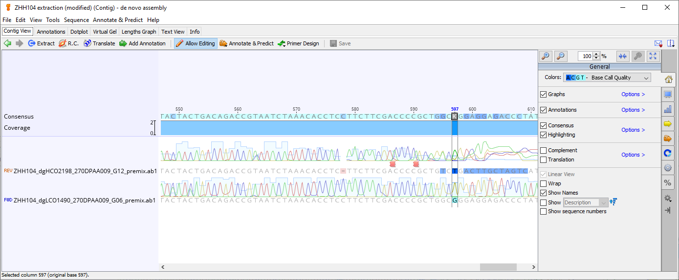 The ambiguity at its contig, resolving ambiguities always require examining the chromatograms